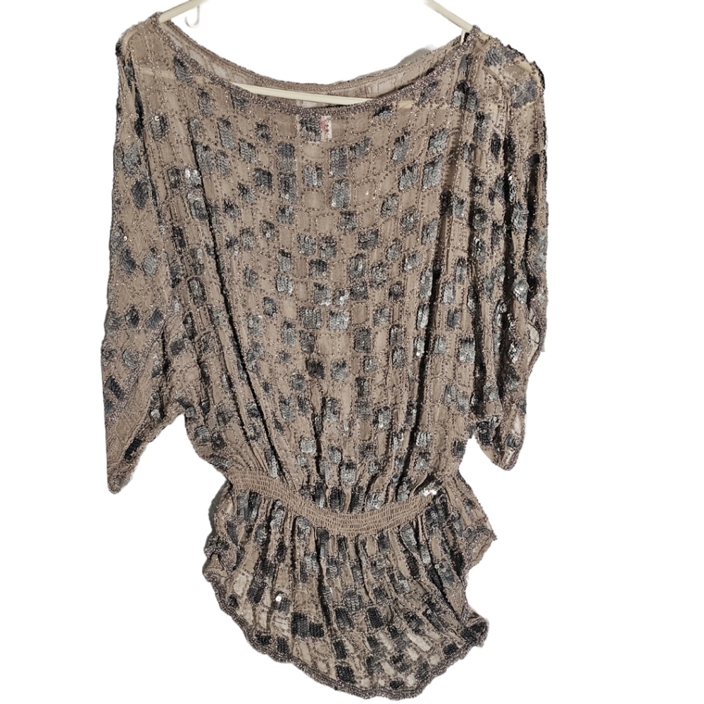 Parker 100% silk beaded sequin batwing cinched waist blouse